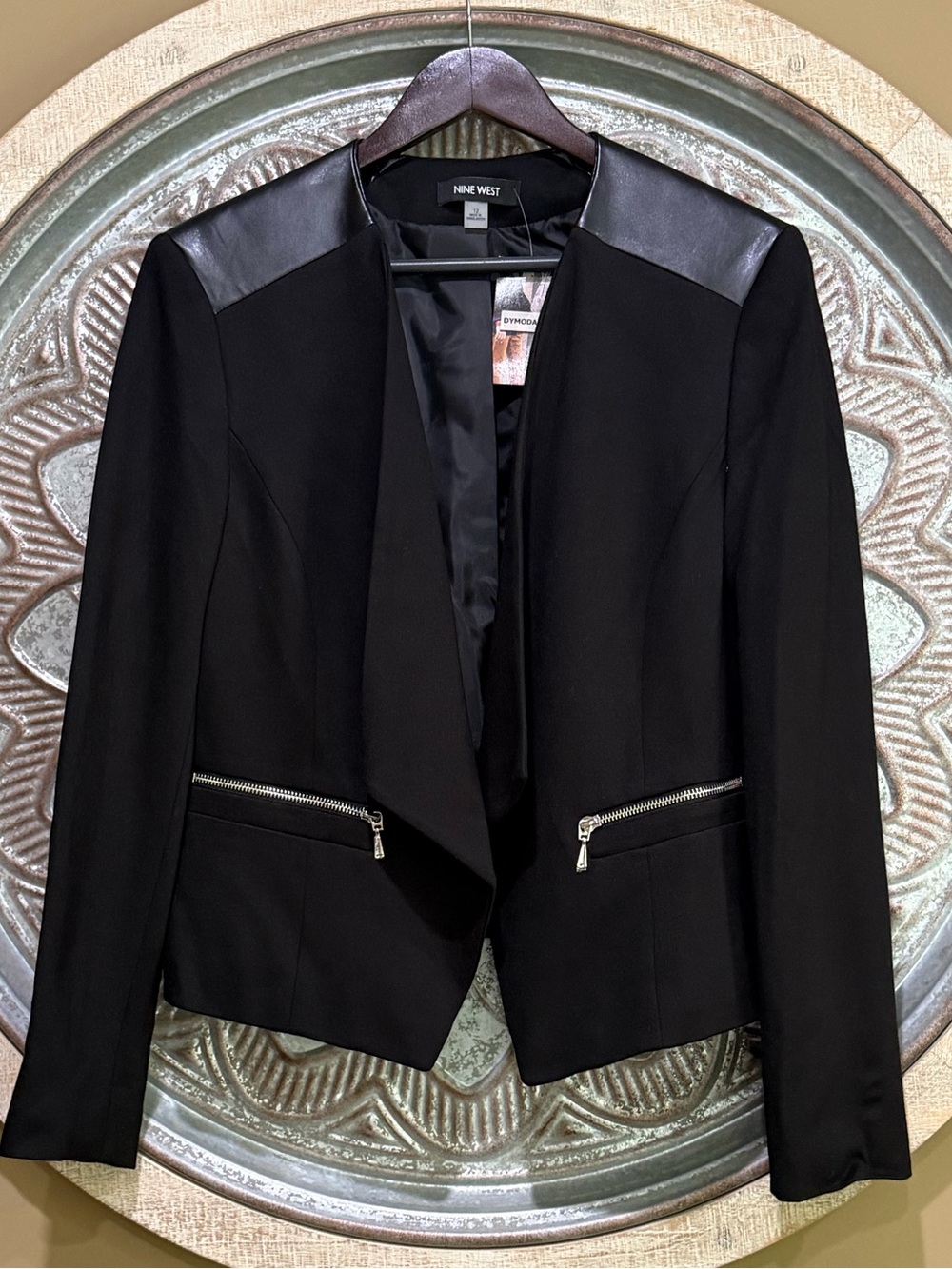 Nine West Black Open-Front Blazer with Faux Leather Shoulder Panels